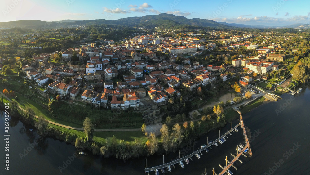 Aerial view in Tui,village of Galicia. Drone Photo