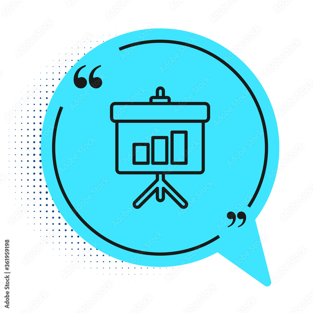 Black line Presentation board with graph, schedule, chart, diagram, infographic, pie graph icon isolated on white background. Blue speech bubble symbol. Vector Illustration. Black line Presentation board with graph, schedule, chart, diagram, infographic, pie graph icon isolated on white background. Blue speech bubble symbol. Vector Illustration.
