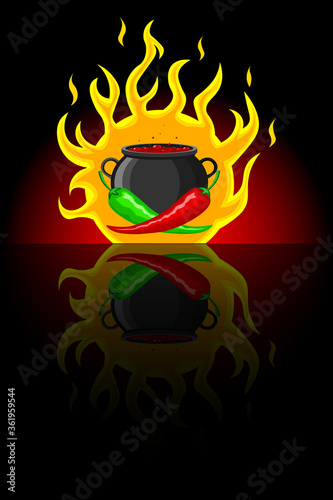 Hot mexican peppers. Green and red peppers on the background of a cauldron with hot simmering Mexican dish and fire. Black background with mirror reflection