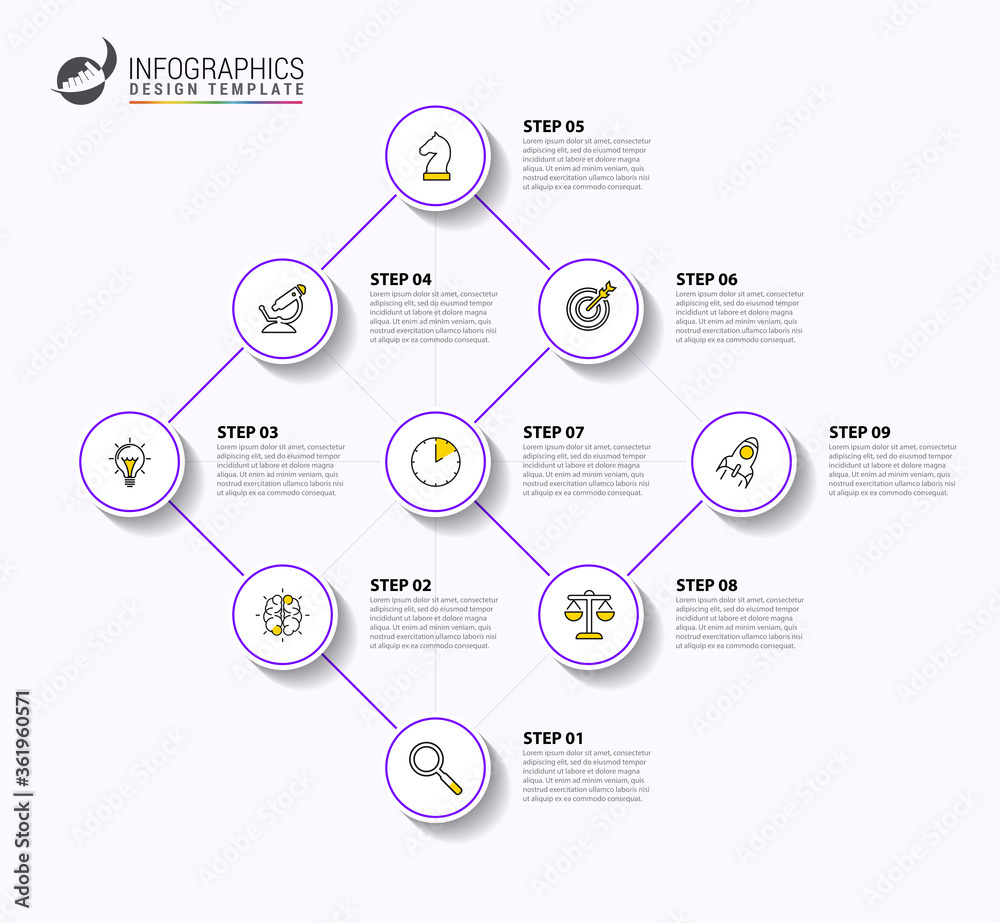 Infographic design template. Timeline concept with 9 steps Infographic design template. Timeline concept with 9 steps