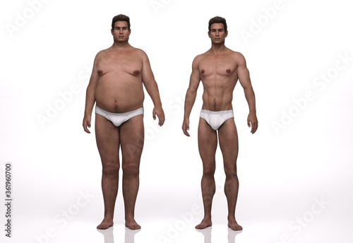 3D Render   the portrait of endomorph  overweight  male and mesomorph  muscular  male