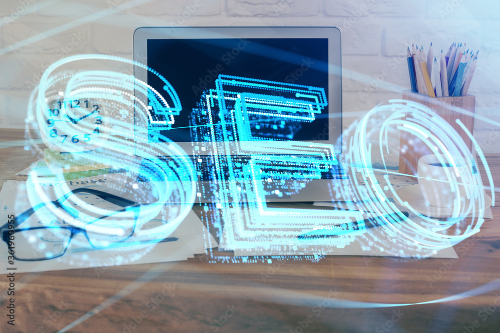 Double exposure of table with computer and seo drawing hologram. Search optimization concept. Double exposure of table with computer and seo drawing hologram. Search optimization concept.