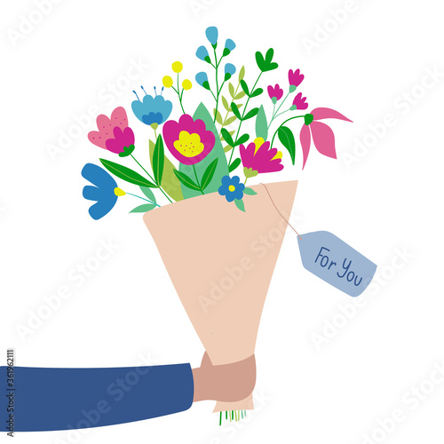 Hand holding a bouquet of flowers. Vector illustration of a bouquet of flowers. Vector flat illustration isolated on a white background. Valentines day card design. Cute postcard.