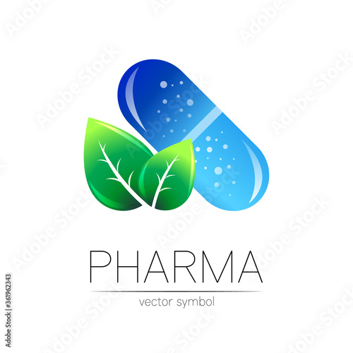 Pharmacy vector symbol with green leaf for pharmacist, pharma store, doctor and medicine. Modern design vector logo on white background. Pharmaceutical blue icon logotype tablet pill capsule. Health