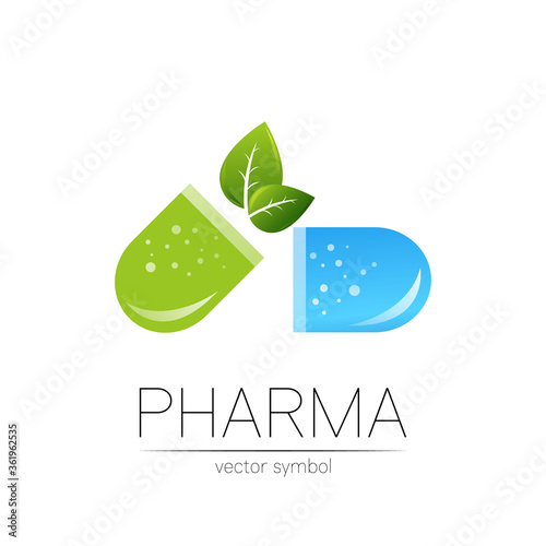 Pharmacy vector symbol with green leaf for pharmacist, pharma store, doctor and medicine. Modern design vector logo on white background. Pharmaceutical blue icon logotype tablet pill capsule. Health