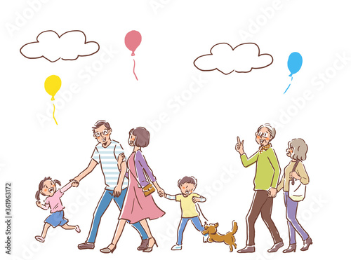 .3 generation family walking and balloons