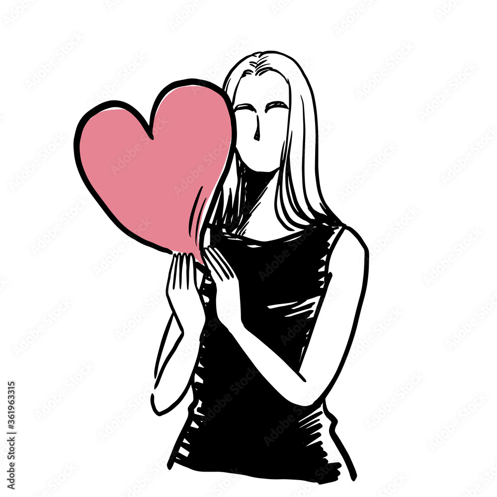 .Woman with heart hand drawn vector illustration