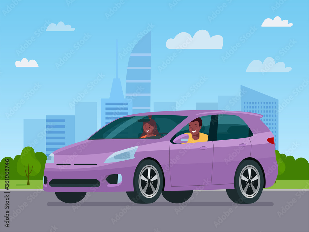 CUV car with a afro american man driving on a background of abstract cityscape. Vector flat style illustration.