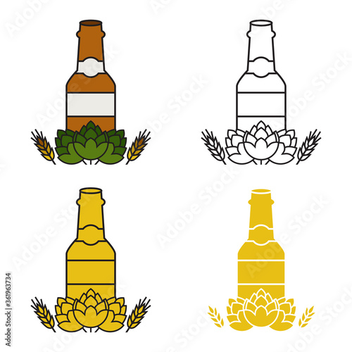 Beer icons. Hops and malt with a bottle of beer. Refreshing alcoholic drink. Oktoberfest. Vector illustration isolated on a white background for design and web.