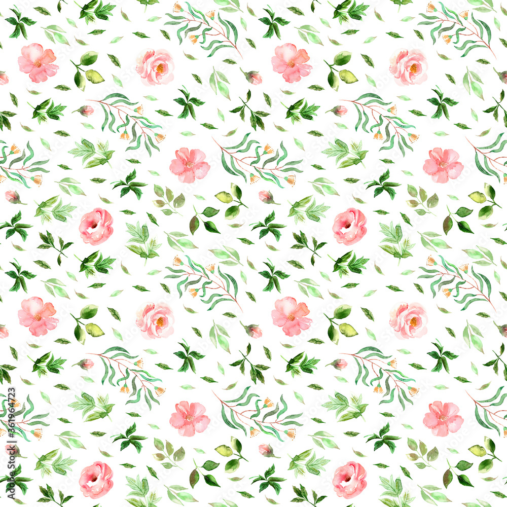 Watercolor flowers and leaves garden seamless pattern, small flowers background