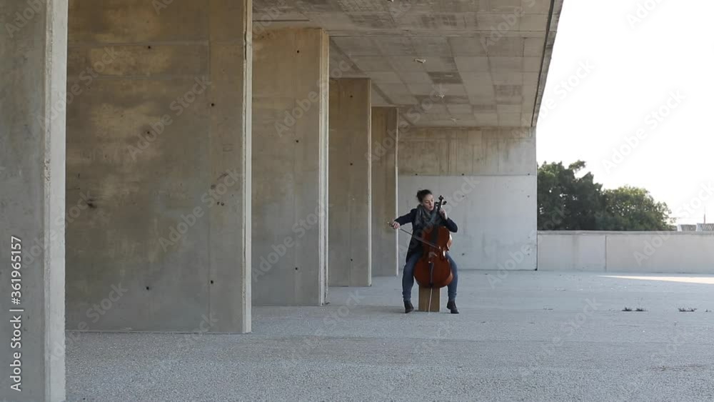 Mujer tocando con pasión el violonchelo al aire libre