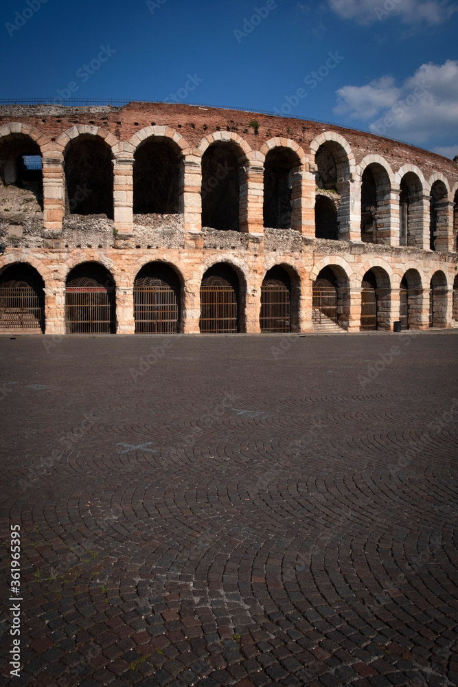 Panoramic view of Verona amphitheatre, completed in 30AD, the third largest in the world, Roman Arena in Verona, Italy