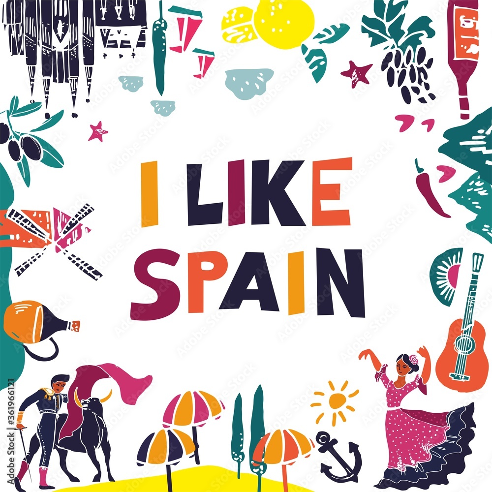 Decorative banner with symbols and attractions and the words I like spain. Postcard for tourists, travel guides, invitations. Poster for wall decoration in the room, classroom. Vector illustration.
