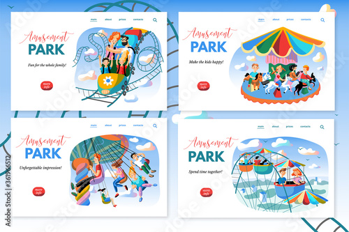 Amusement park vector webpage template set. Cheerful parents and children cartoon characters. Happy people ride on carousel, roller coaster and ferris wheel. Active family recreation, entertainment.