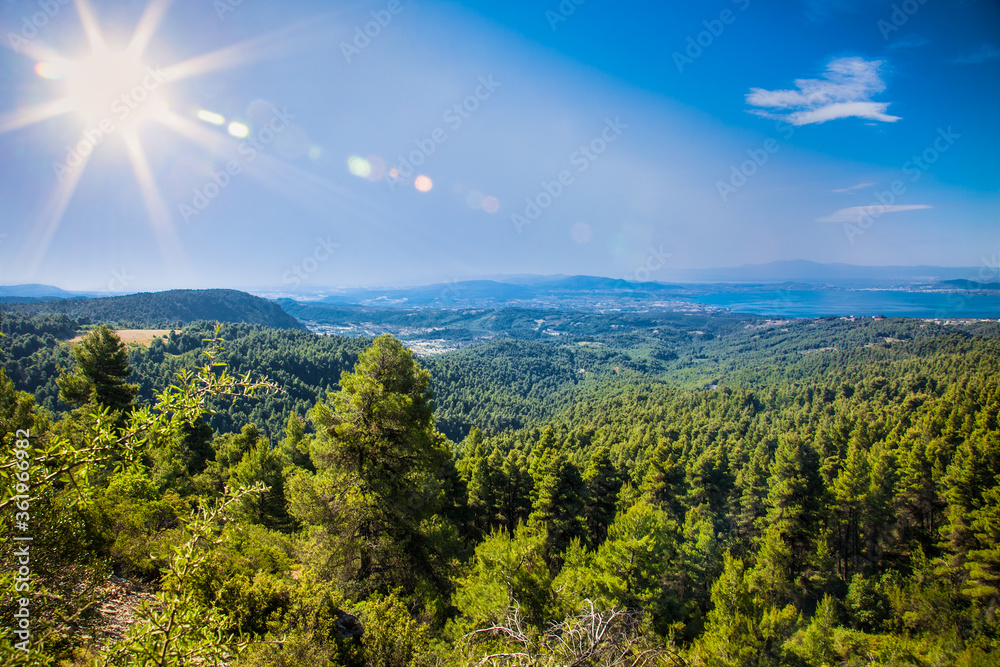 Panoramic view from above on the forests and the village on serpentine of the Greek island of  Evia . Greece.