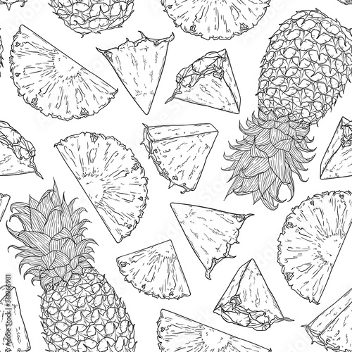 Fruit seamless pattern with whole pineapple and slices pieces.