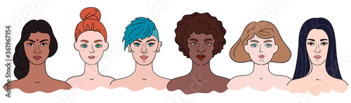 Diversity - Women portraits in hand drawn style. Vector set of girly faces. Different color of skin, hair, face shapes. Concept for feminist movement, race equality, multicultural sisterhood