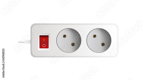 White extension cord with two outlets. Portable socket. Realistic style. Vector.