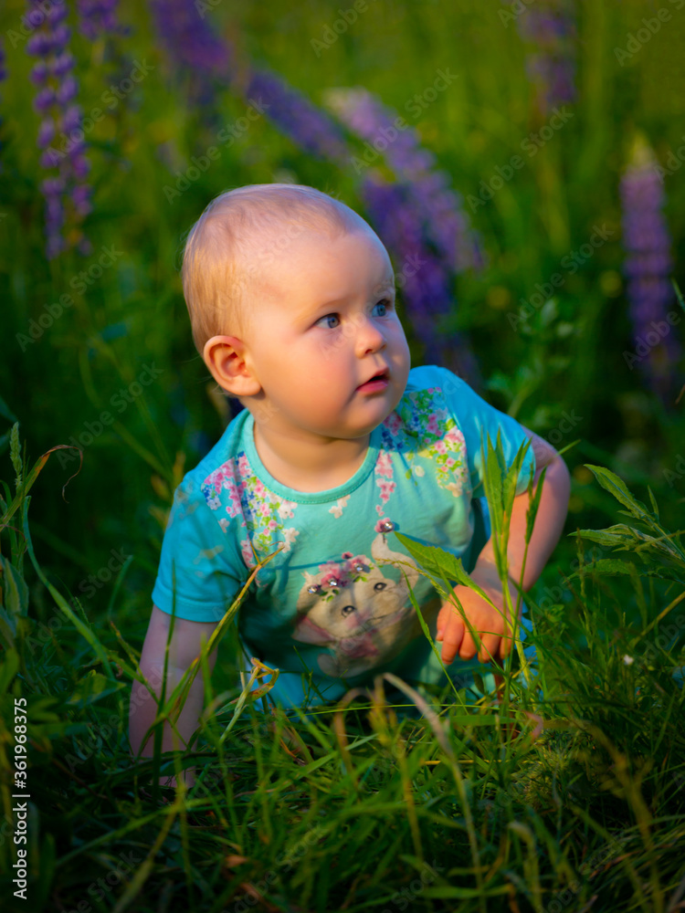 Happy baby crawls in the grass. He looks away at something interesting. Soft focus in the background. Lightweight vignette on the sides. Happy baby crawls in the grass. He looks away at something interesting. Soft focus in the background. Lightweight vignette on the sides.