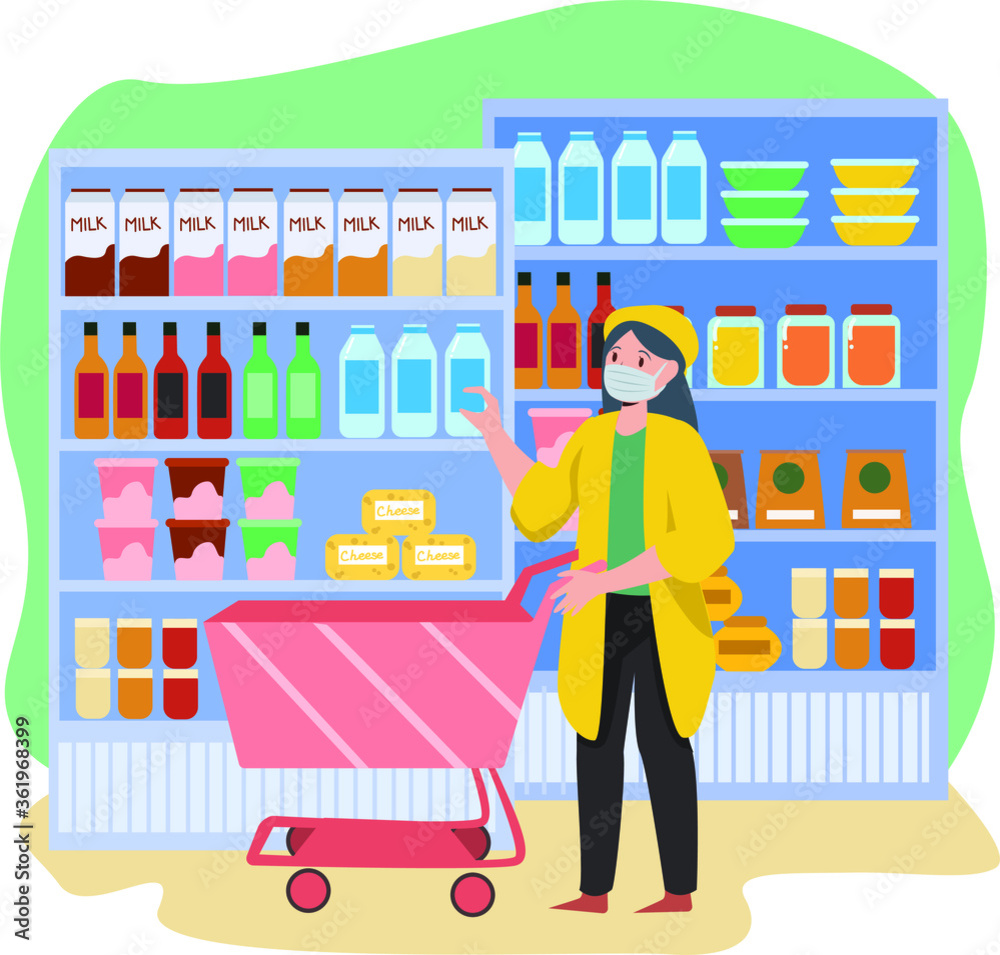 A woman shopping at groceries shop while keep using medical mask A woman shopping at groceries shop while keep using medical mask