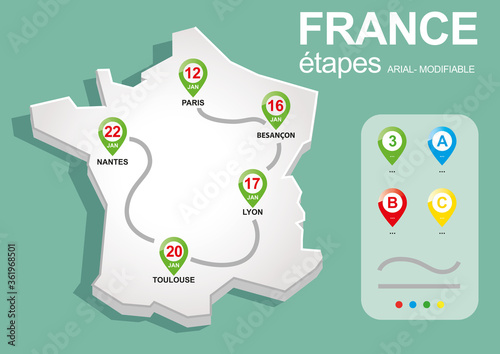 FRANCE carte étapes, route navigation, illlustration vectorielle