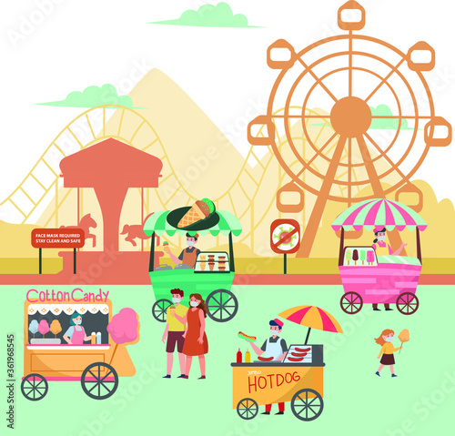 Peoples are keep using medical mask and keeping their distance while playing at theme park