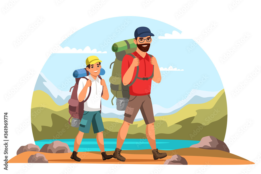Vector characters father and son camping trip