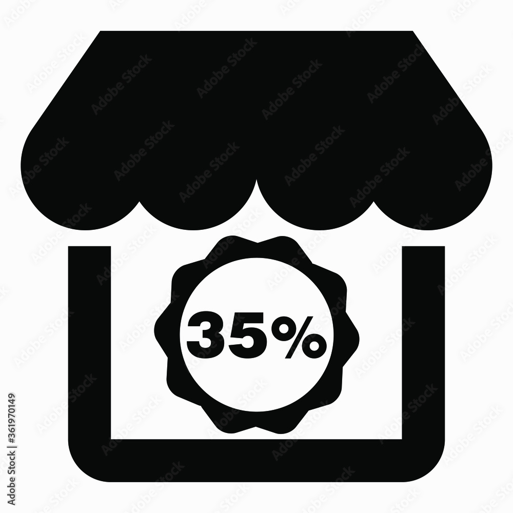 Shop 35% discount. The store building and the percentage discount. Price drop. Sale at the supermarket. Vector icon Shop 35% discount. The store building and the percentage discount. Price drop. Sale at the supermarket. Vector icon