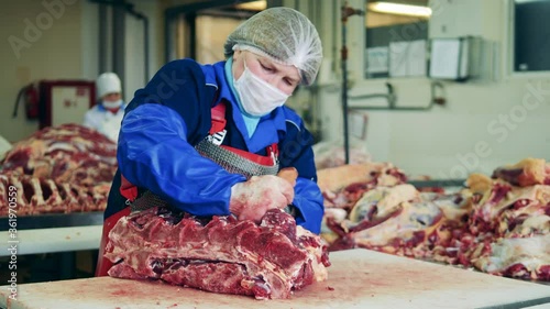 Female plant worker is cutting large pieces of meat photo