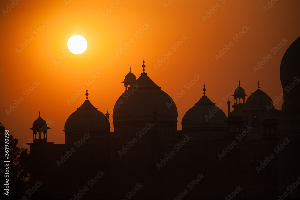 A view of the Taj Mahal during sunset