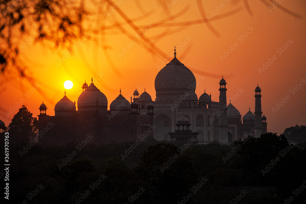 A view of the Taj Mahal at sunset