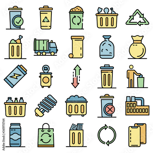 Garbage icons set. Outline set of garbage vector icons thin line color flat on white