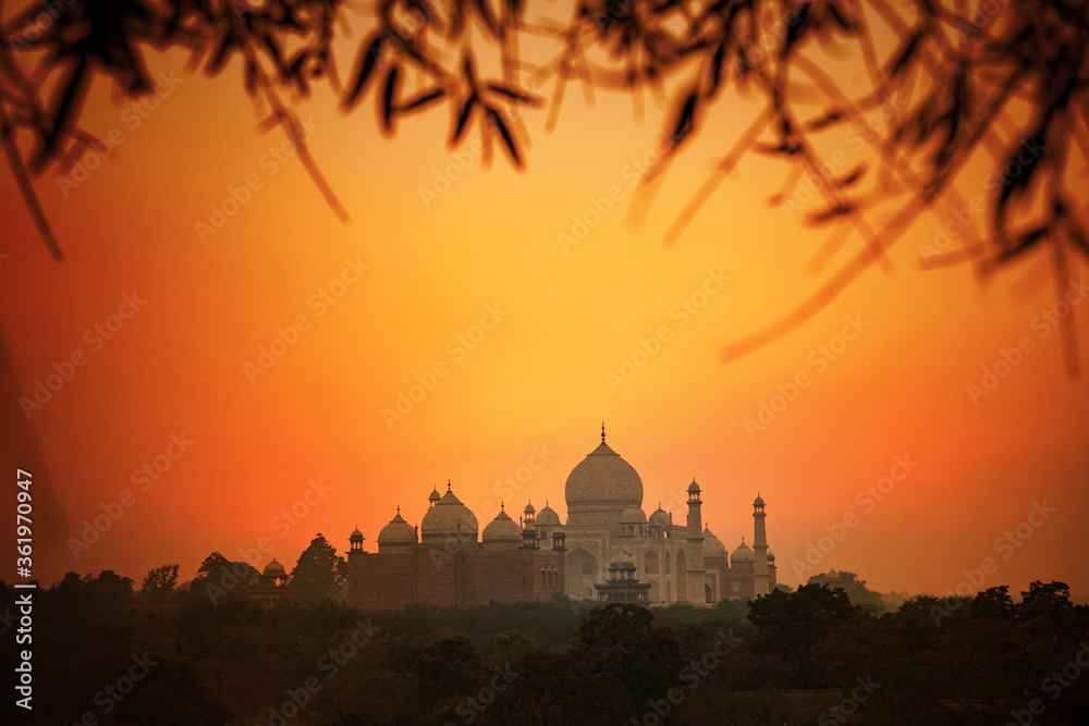 A beautiful view of the Taj Mahal at sunset in Agra
