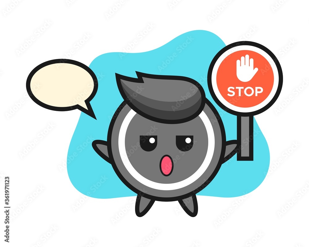 Hockey puck cartoon holding a stop sign