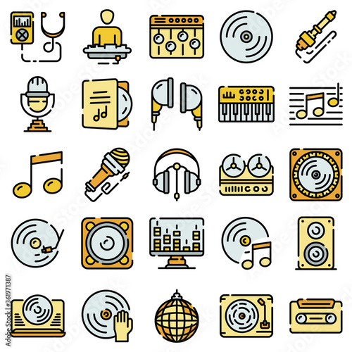 Dj icons set. Outline set of dj vector icons thin line color flat on white