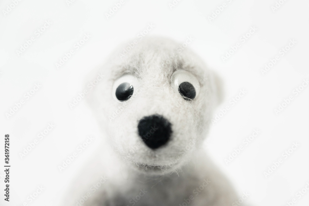 portrait of toy polar bear made of felted wool on white background portrait of toy polar bear made of felted wool on white background