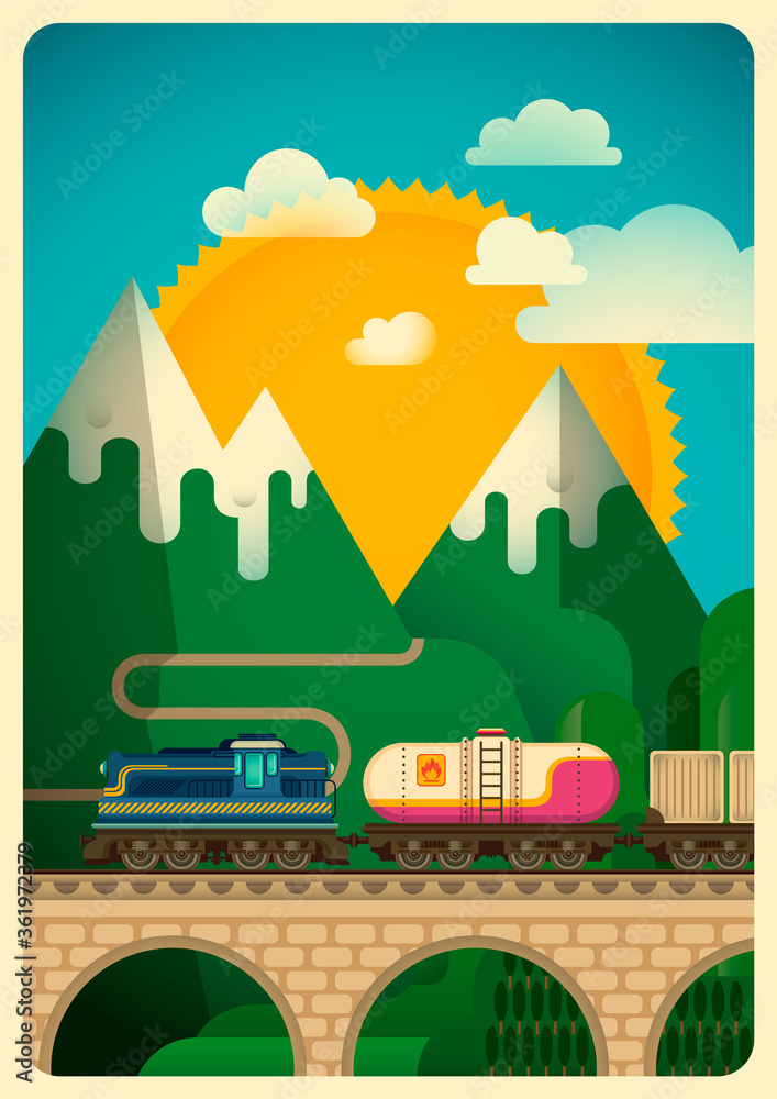 Freight train in the mountain. Vector illustration. Freight train in the mountain. Vector illustration.