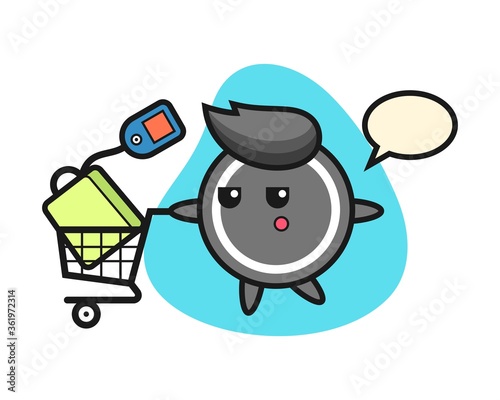 Hockey puck cartoon with a shopping cart