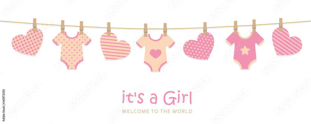 its a girl welcome greeting card for childbirth with hanging hearts and bodysuits vector illustration EPS10