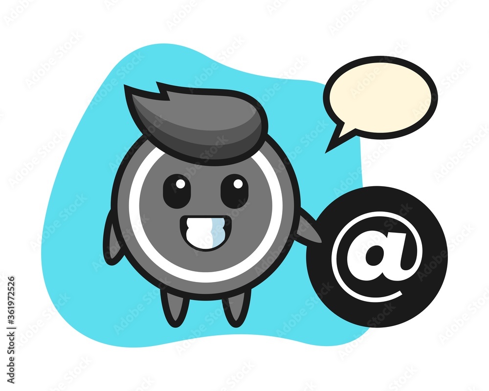 Hockey puck cartoon standing beside the At symbol Hockey puck cartoon standing beside the At symbol