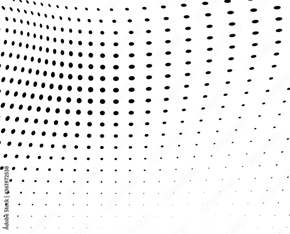 Halftone dots curved gradient pattern texture isolated on white background
