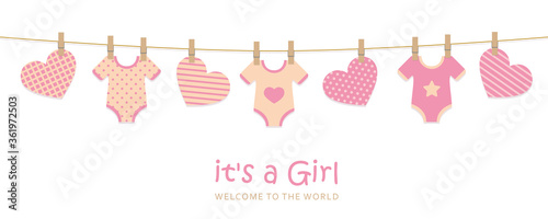 its a girl welcome greeting card for childbirth with hanging hearts and bodysuits vector illustration EPS10