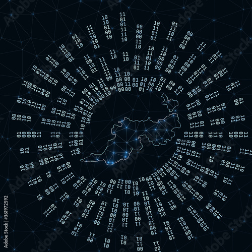 Guana Island digital map. Binary rays radiating around glowing island. Internet connections and data exchange design. Vector illustration.