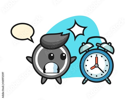 Hockey puck cartoon surprised with a giant alarm clock
