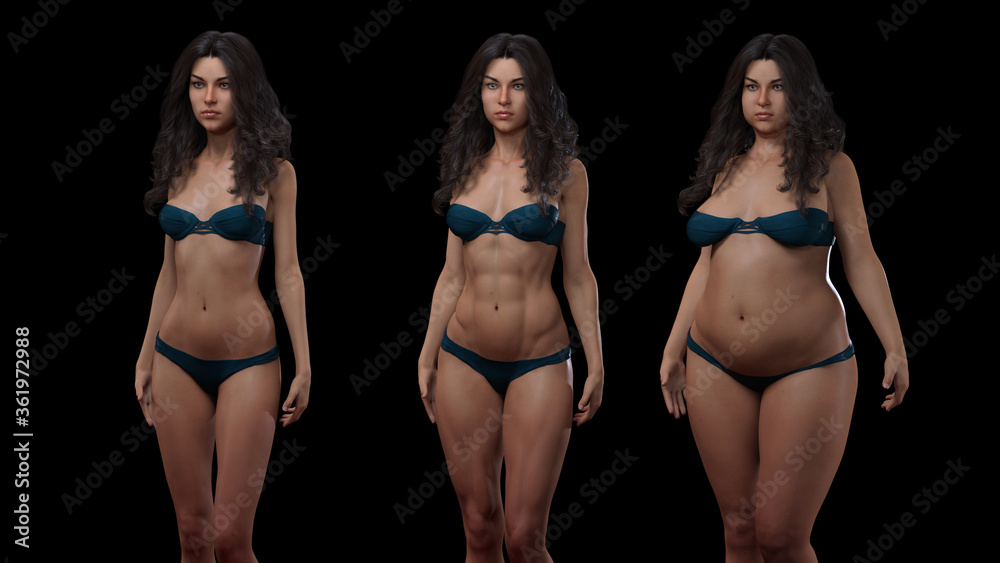Illustrazione Stock 3D Rendering : standing female body type illustration :  ectomorph (skinny type), mesomorph (muscular type), endomorph(heavy weight  type) | Adobe Stock