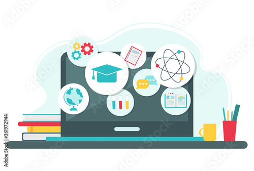 Online education concept. Icons for education, online learning infographics design, web elements, Chemistry, geography, mathematics school subjects. Vector illustration in flat style. 