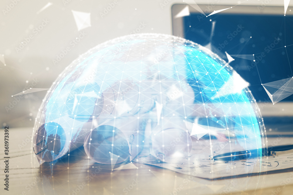 Multi exposure of business theme icons and table with computer background. Concept of success. Multi exposure of business theme icons and table with computer background. Concept of success.