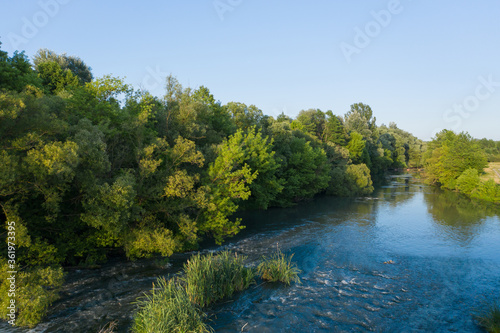 River and trees evening landscape of nature aerial view in summer