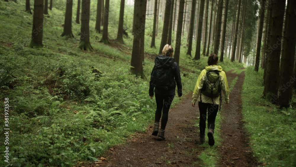 Two women walking through the woods Two women walking through the woods