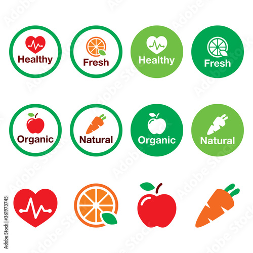 	
Organic food, heatlhy eating fresh and natural products vector icons set 
 